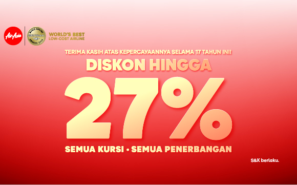 Diskon hingga 27%
SEMUA KURSI - SEMUA PENERBANGAN airasia promotion 2026