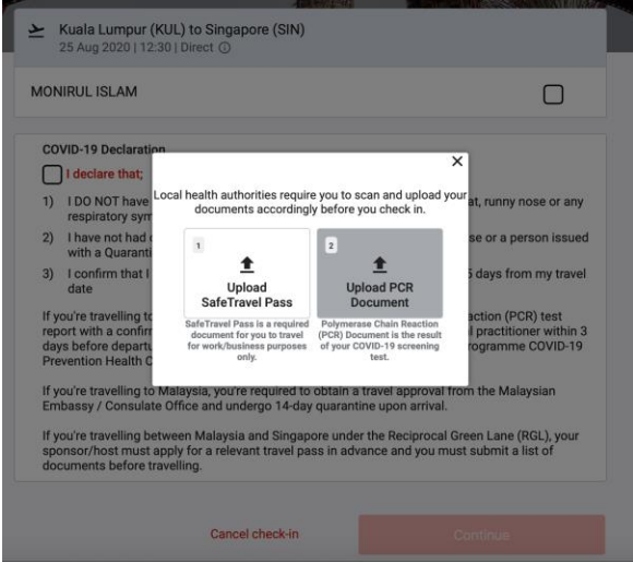 Upload the required document/certificate for your arrival destination.