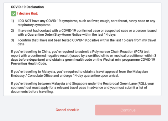 Guest will now need to tick the COVID-19 Declaration box at this stage to proceed with the web check-in process. 